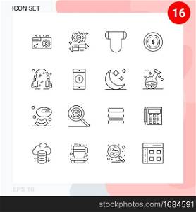 Outline Pack of 16 Universal Symbols of music, maony, right, dollar, pampers Editable Vector Design Elements