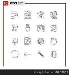 Outline Pack of 16 Universal Symbols of music, mic, bulb, star, light Editable Vector Design Elements