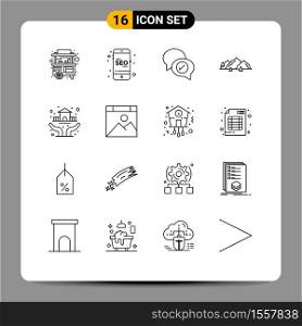 Outline Pack of 16 Universal Symbols of protection, nature, chat, hill, mountain Editable Vector Design Elements