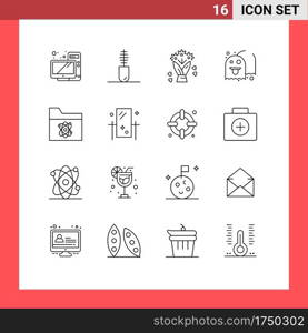 Outline Pack of 16 Universal Symbols of science, atom, bouquet, fun, game Editable Vector Design Elements