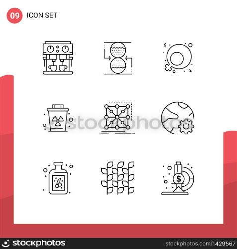 Outline Pack of 9 Universal Symbols of app, data, feminism, trash, garbage Editable Vector Design Elements