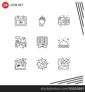 Outline Pack of 9 Universal Symbols of book, workplace, psychology, table, desk Editable Vector Design Elements