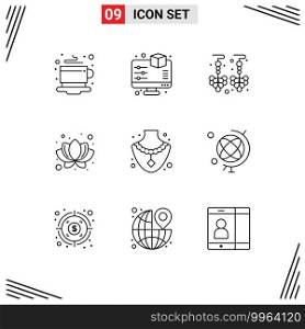 Outline Pack of 9 Universal Symbols of education, gem, drop, diamond, nature Editable Vector Design Elements