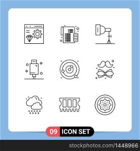 Outline Pack of 9 Universal Symbols of equipment, electric, money, devices, studio Editable Vector Design Elements