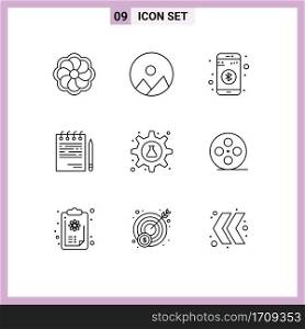 Outline Pack of 9 Universal Symbols of lab, cog, share, plan, corporate Editable Vector Design Elements