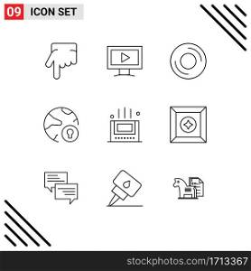 Outline Pack of 9 Universal Symbols of mat, protection, disc, padlock, internet Editable Vector Design Elements