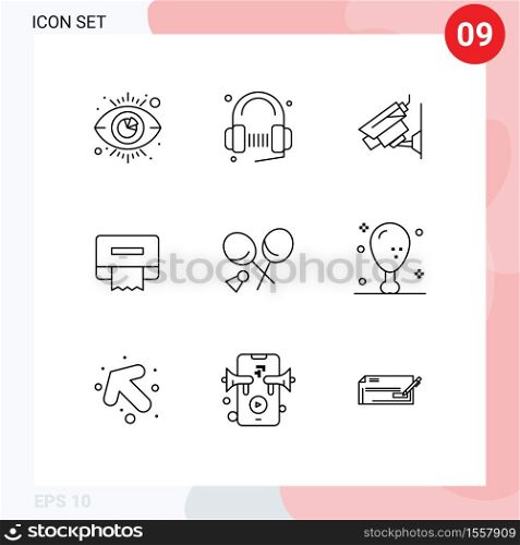 Outline Pack of 9 Universal Symbols of racket, tissue, song, paper, surveillance Editable Vector Design Elements