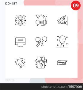 Outline Pack of 9 Universal Symbols of racket, tissue, song, paper, surveillance Editable Vector Design Elements