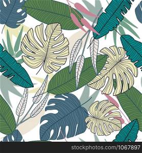 Outline palm leaves tropical pattern, botanical leaf seamless pattern. Modern exotic design for printing, textile, fabric, fashion, interior, wrapping paper. Vector illustration. Outline palm leaves tropical pattern, botanical leaf seamless pattern.