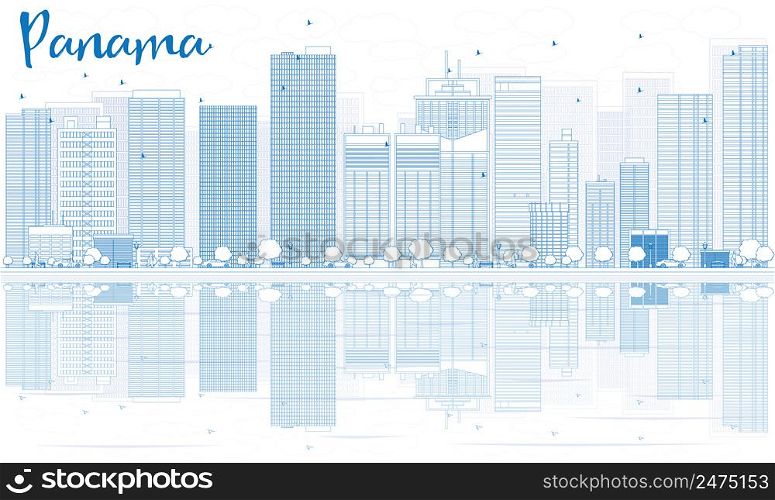 Outline Panama skyline with blue buildings and reflections. Vector illustration. Business travel and tourism concept with place for text. Image for presentation, banner, placard and web site.
