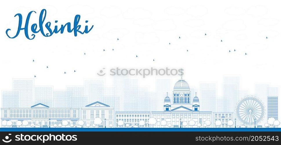 Outline Panorama of Old Town in Helsinki, Finland. Vector Illustration