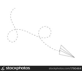 Outline paper plane with line of path. Popular symbol of delivery, communication, travel, imagination, creativity, dreaming. Vector linear illustration.. Outline paper plane with line of path. Popular symbol of delivery, communication, travel, imagination, creativity, dreaming. Vector linear illustration