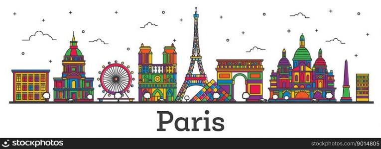 Outline Paris France City Skyline with Color Buildings Isolated on White. Vector Illustration. Paris Cityscape with Landmarks.