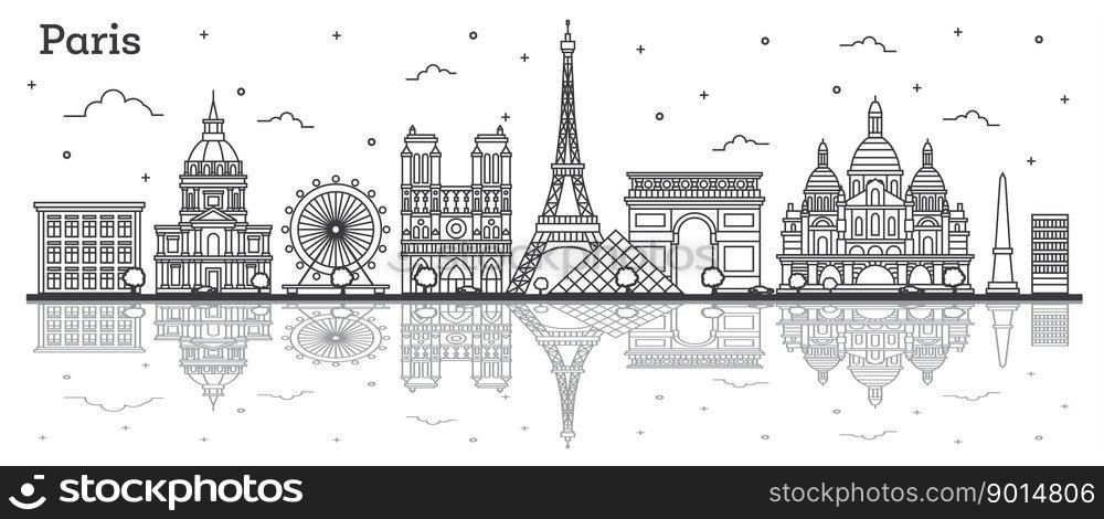 Outline Paris France City Skyline with Historic Buildings and Reflections Isolated on White. Vector Illustration. Paris Cityscape with Landmarks.