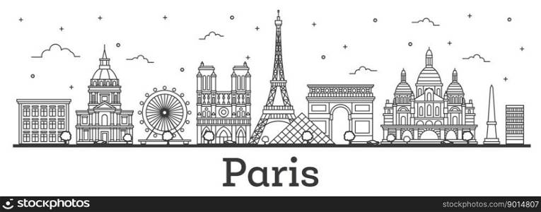 Outline Paris France City Skyline with Historic Buildings Isolated on White. Vector Illustration. Paris Cityscape with Landmarks.