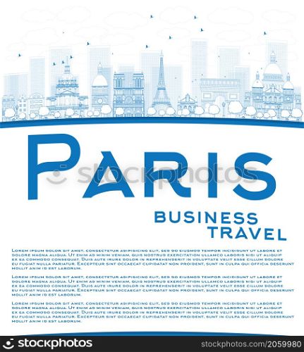 Outline Paris skyline with blue landmarks and copy space. Business travel concept. Vector illustration