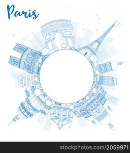 Outline Paris skyline with blue landmarks and copy space. Vector illustration