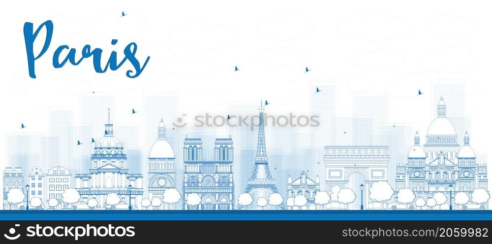 Outline Paris skyline with blue landmarks. Vector illustration