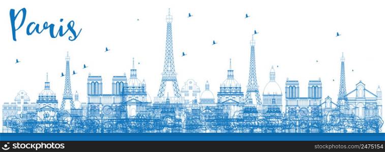 Outline Paris skyline with blue landmarks. Vector illustration. Business and tourism concept with historic buildings. Image for presentation, banner, placard and web site