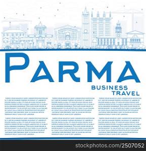 Outline Parma Skyline with Blue Buildings and Copy Space. Vector Illustration. Business Travel and Tourism Concept with Historic Buildings. Image for Presentation Banner Placard and Web Site.