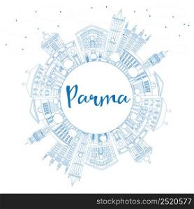 Outline Parma Skyline with Blue Buildings and Copy Space. Vector Illustration. Business Travel and Tourism Concept with Historic Architecture. Image for Presentation Banner Placard and Web Site.
