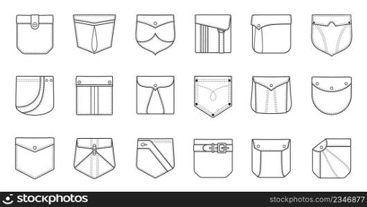 Outline patch pockets for shirts, cargo pants and denim jackets. Flap pocket sewing patterns in different shapes, fabric patches vector set. Clothes pieces for man and woman dressing. Outline patch pockets for shirts, cargo pants and denim jackets. Flap pocket sewing patterns in different shapes, fabric patches vector set