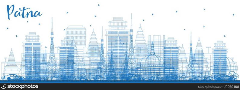 Outline Patna India City Skyline with Blue Buildings. Vector Illustration. Business Travel and Tourism Concept with Modern Architecture. Patna Cityscape with Landmarks.