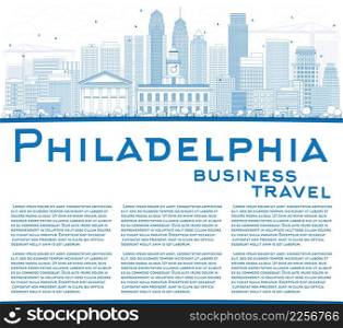 Outline Philadelphia Skyline with Blue Buildings and Copy Space. Vector Illustration. Business Travel and Tourism Concept with Philadelphia City Buildings. Image for Presentation Banner Placard and Web Site.