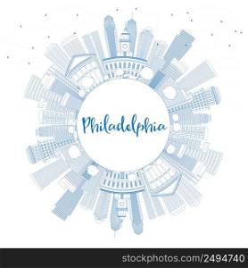 Outline Philadelphia Skyline with Blue Buildings and Copy Space. Vector Illustration. Business Travel and Tourism Concept with Philadelphia City Buildings. Image for Presentation Banner Placard