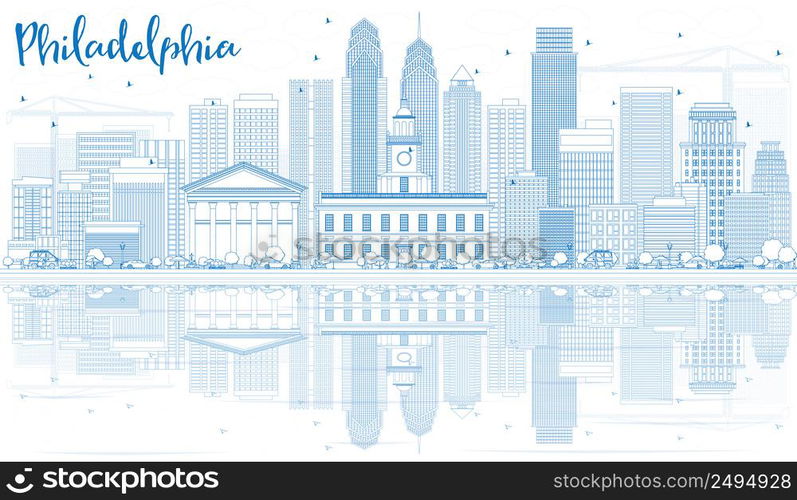 Outline Philadelphia Skyline with Blue Buildings and Reflections. Vector Illustration. Business Travel and Tourism Concept with Modern Architecture. Image for Presentation Banner Placard and Web Site.