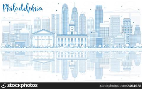 Outline Philadelphia Skyline with Blue Buildings and Reflections. Vector Illustration. Business Travel and Tourism Concept with Modern Architecture. Image for Presentation Banner Placard and Web Site.