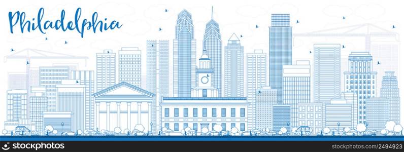Outline Philadelphia Skyline with Blue Buildings. Vector Illustration. Business Travel and Tourism Concept with Philadelphia City Buildings. Image for Presentation Banner Placard and Web Site.