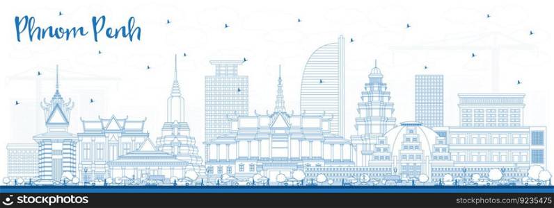 Outline Phnom Penh Cambodia City Skyline with Blue Buildings. Vector Illustration. Business Travel and Tourism Concept with Historic Architecture. Phnom Penh Cityscape with Landmarks.