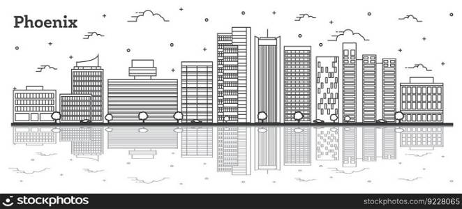 Outline Phoenix Arizona City Skyline with Modern Buildings and Reflections Isolated on White. Vector Illustration. Phoenix USA Cityscape with Landmarks. 