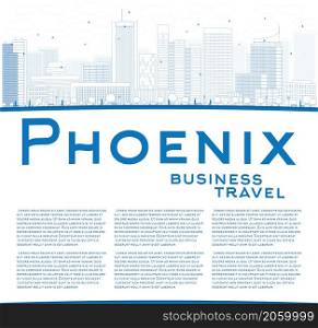 Outline Phoenix Skyline with Blue Buildings and copy space. Business travel concept. Vector Illustration