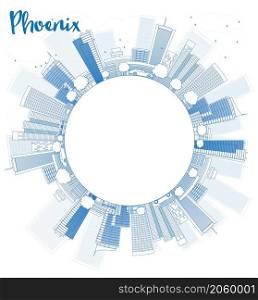 Outline Phoenix Skyline with Blue Buildings and copy space. Vector Illustration