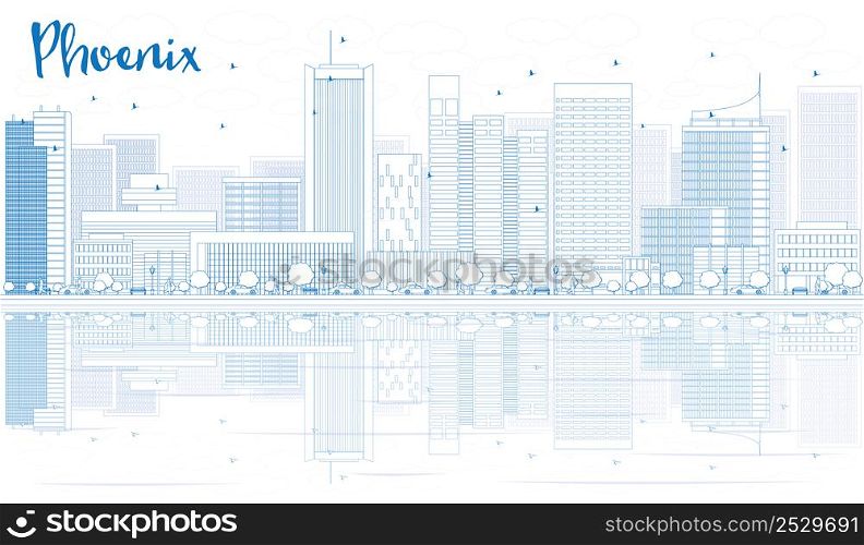 Outline Phoenix skyline with blue buildings and reflections. Vector illustration. Business travel and tourism concept with place for text. Image for presentation, banner, placard and web site.