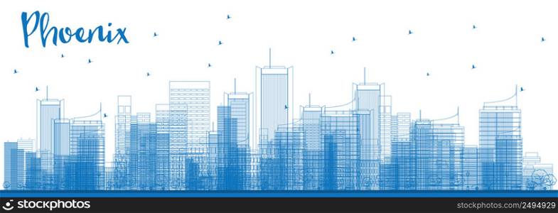 Outline Phoenix Skyline with Blue Buildings. Vector Illustration. Business travel and tourism concept with modern buildings. Image for presentation, banner, placard and web site.