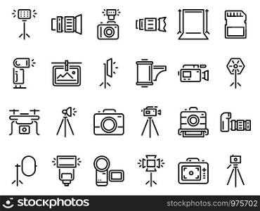 Outline photo icons. Photography studio light, film cameras and camera on tripod line. Photo lens technology, different digital and vintage cam pictogram. Isolated icon vector set. Outline photo icons. Photography studio light, film cameras and camera on tripod line icon vector set