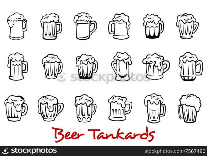 Outline pint tankards set of frothy beer isolated on white background, suitable for pub, Oktoberfest and bar design