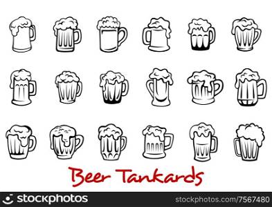 Outline pint tankards set of frothy beer isolated on white background, suitable for pub, Oktoberfest and bar design