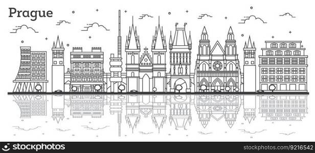 Outline Prague Czech Republic City Skyline with Historic Buildings and Reflections Isolated on White. Vector Illustration. Prague Cityscape with Landmarks.