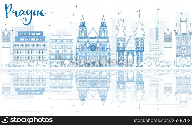 Outline Prague skyline with blue buildings and reflections. Vector illustration. Business travel and tourism concept with place for text. Image for presentation, banner, placard and web site.