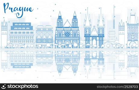 Outline Prague skyline with blue buildings and reflections. Vector illustration. Business travel and tourism concept with place for text. Image for presentation, banner, placard and web site.