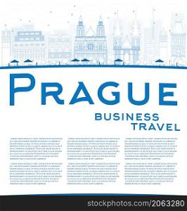 Outline Prague skyline with blue landmarks and copy space. Vector illustration. Business and tourism concept with old buildings. Image for presentation, banner, placard or web site