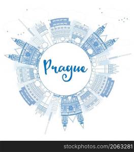 Outline Prague skyline with blue landmarks and copy space. Vector illustration. Business and tourism concept with old buildings. Image for presentation, banner, placard or web site