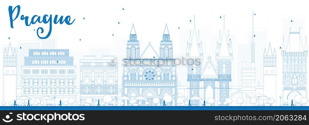 Outline Prague skyline with blue landmarks. Vector illustration