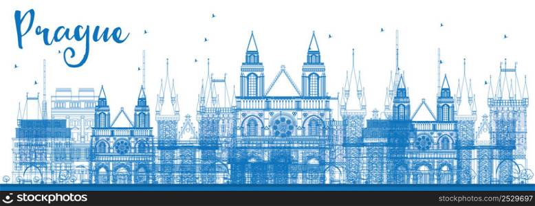 Outline Prague skyline with blue landmarks. Vector illustration. Business and tourism concept with old buildings. Image for presentation, banner, placard or web site