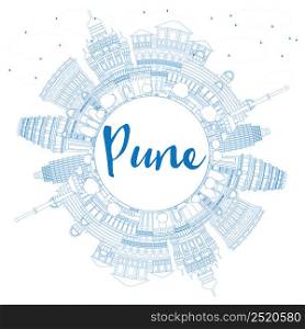 Outline Pune Skyline with Blue Buildings and Copy Space. Vector Illustration. Business Travel and Tourism Concept with Historic Buildings.