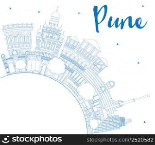 Outline Pune Skyline with Blue Buildings and Copy Space. Vector Illustration. Business Travel and Tourism Concept with Historic Buildings.